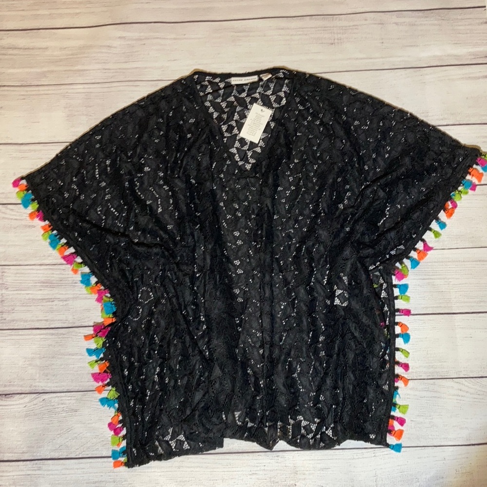 Susan Graver Cape, Shawl, poncho, cover-up. Sz L. Blck w/ Neon Tassels